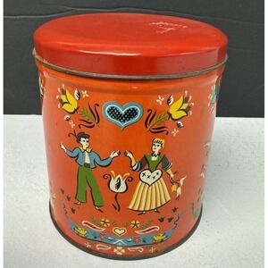 Vintage Metal Tin Dutch Scenes Tulips Hearts Orange Red Colorful Retro MCM